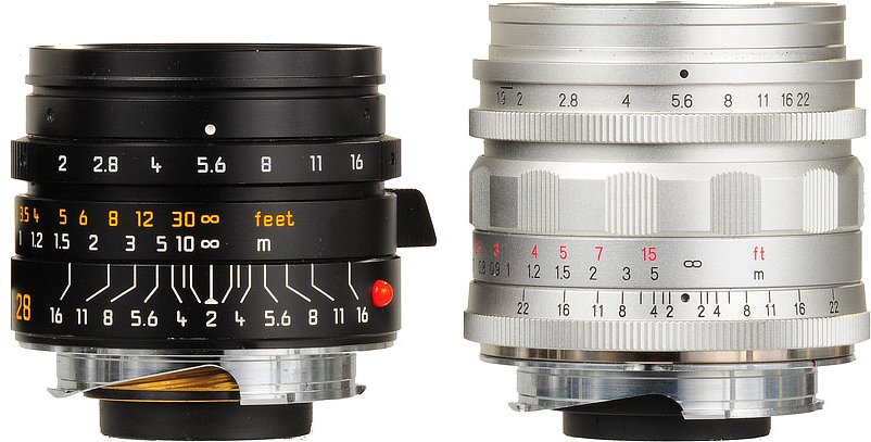 Size
          comparison 28mms Leica Elmarit, Summicron-M ASPH and VL Ultron
          28/1.9 Aspherical (Picture of and LINK to Ken Rockwell
          Review)